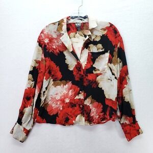 Worthington Blouse Womens XS Red Floral Print Long Sleeve Button Up Shirt Career